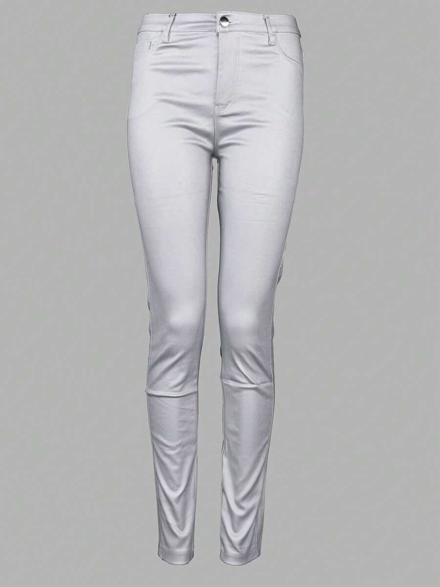 Metallic Rave High Waist PU Leather Skinny Panty Pants - Silver - View 1