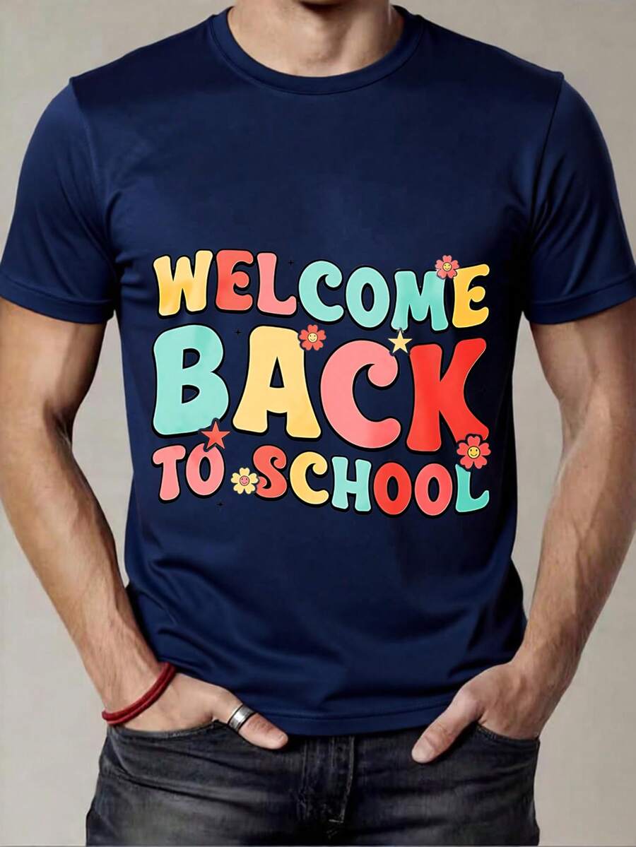 Black T-Shirt With Welcome Back To School Print In Colors For Back To School - Navy Blue - View 1