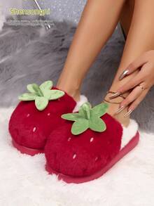 shensongni نعال منزلية نسائية فاخرة للخريف/الشتاء بعناصر فراولة جميلة وممتعة، نعال منزلية فرو أنيقة للاستخدام في المنزل والغرفة، نعال نسائية سميكة القاعدة مانعة للانزلاق - الأحمر - مشاهدة 9
