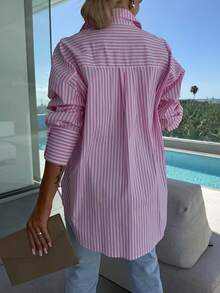 Camisa casual de manga larga con cuello y rayas para mujer de talla grande, primavera - Rayas rosas - Ver 4
