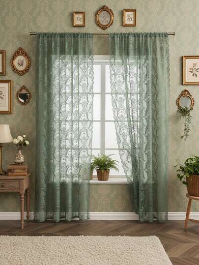 1件灯笼花蕾丝杆袋式窗帘，法式薄纱蕾丝花卉图案杆袋式窗帘，适用于卧室、办公室、厨房、客厅、书房、家居装饰