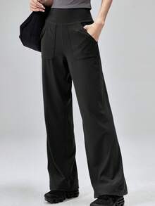Pantalones de yoga de cintura alta casuales de pierna ancha con bolsillos, pantalones deportivos ligeros para fitness y uso diario para mujeres - Negro - Ver 10