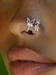 Hihho 2pcs Copper Butterfly & Flower Shaped Fake Nose Clip, Gift For Women To Party, Birthday, Valentine's Day, Mother's Day, Mothers - Yellow Gold - View 9