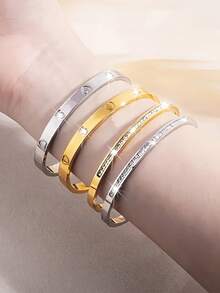 1pc Stainless Steel Fashionable Versatile Heart-Shaped Rhinestone Bracelet, Suitable For Daily Wear - Yellow Gold - View 3
