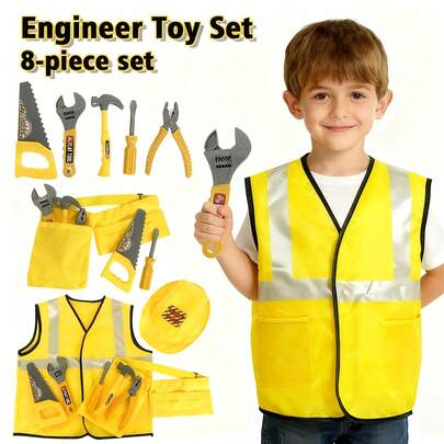 8pcs Construction Role Play Set, Children's Pretend Play Toy Set, Engineer Costume Props, Includes 5pcs Construction Props, Overalls, Hat And Belt, Ideal Toy For Multiplayer Games, Party, Holiday Costume, Perfect Gift For Boys, Surprise Toy, Birthday, Party, New Year, Back To School