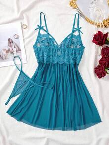 Plus Size Lace Camisole Nightgown, V-Neck Sleepwear, Mesh Nightdress With Side Slit - 薄荷綠 - 查看 5