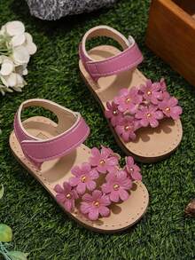 2026 Girls' Metallic Flower Decor Glossy Non-Slip Open Toe Flat Sandals, Fresh Countryside Style, Suitable For Summer Outings, Festivals And Garden Parties - Hot Pink - View 4