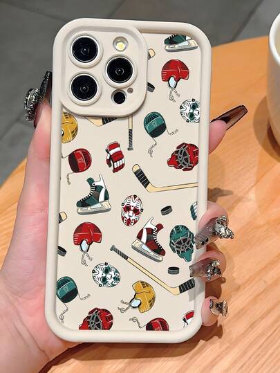 1pc Ice Hockey Themed Phone Case, Creative Collage Illustration Protective Cover, Compatible With IPhone 17 Pro Max/17 Pro/17/16 Pro Max/16 Pro/16/15/14/13/12/11/Pro/Pro Max/X/XR/XS/XS Max/7/8/Plus, Also Fits