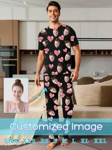 1 Set Men's Short Sleeve & Long Pants Pajamas, Customized Face Print "I Love You" Heart Pattern Black Sleepwear Homewear - Comfortable 2-Piece Set, Including Round Neck Top And Pants, Specially Designed For Husband, Father And Boyfriend - Ideal Gift For Valentine's Day Or Birthday, Suitable For Autumn/Winter Home Wear - Black - View 2