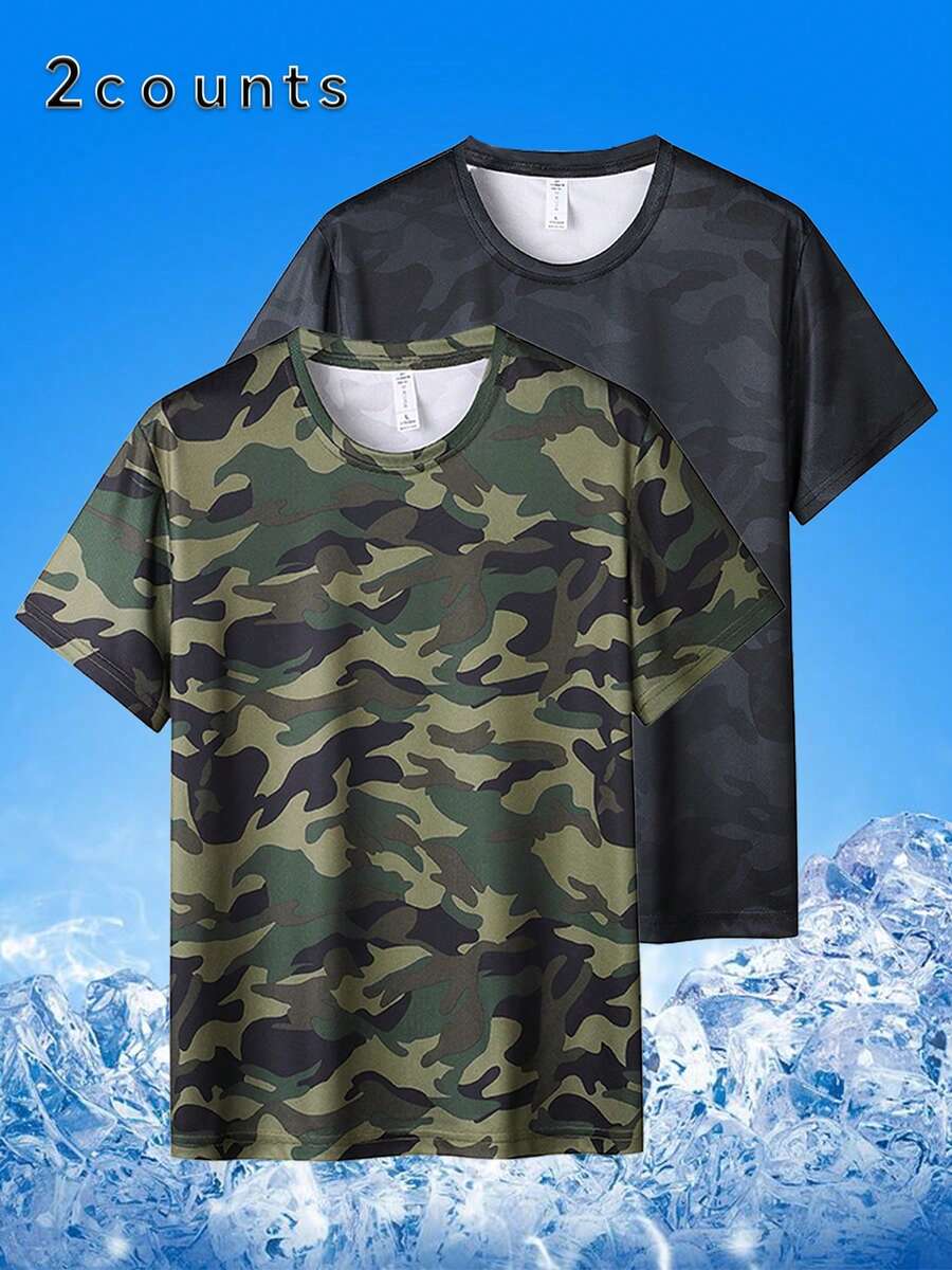 Camouflage Pattern Print Men's Comfy Sports T-Shirt, Graphic Tee Men's Summer Outdoor Clothes, Men's Clothing For Fitness Activities - Multicolor - View 1