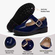 Girls Shoes School Mary Jane Uniform Dress Shoes Kids Loafers T-Strap Flats - Màu xanh navy bóng - Xem 5
