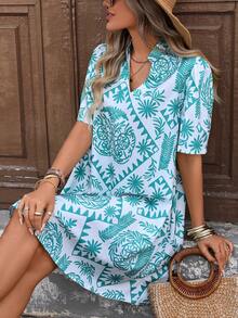 Damen Große Größen Lässig Alltags Polka Punkt V-Ausschnitt Geraffter Ärmel Kleid - Verschiedenfarbig - Übersicht 5