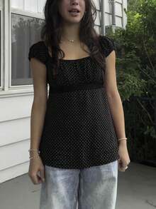 Women Y2k Babydoll Shirt Fairy Grunge Scoop Neck Cap Sleeve Polka Dot Tie Back Flowy Slim Fit Tee Vintage Aesthetic Ruffle Short Sleeveless 90s Preppy T-Shirts Teen Girls Going Out Tops Club Streetwear - 黑色 - 查看 2
