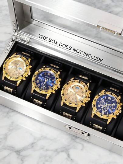 4PCS Men's Gold And Blue Color-Block Watch Set Is A Top Choice For Men's Gifts And Accessories. Featuring A Gold And Blue Contrast With A Studded Dial Design, It Is Suitable For Various Occasions: For Business Commuting, Pair It With A Suit To Enhance A Professional And Refined Feel, Breaking The Monotony Of Workplace Attire;