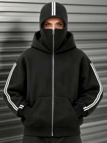 Oversized Long-Length Zip-Up Sweatshirt With Balaclava, Side Stripes, Face Covering, Fleece&Warth, Placket&Pocket, For Fall/Autumn&Winter&Spring, For Holiday/School/Office/Home/Daily/Street/Photoshoot/Airport/Travel, Simple/Y2K/Casual/Preppy/Street/Office