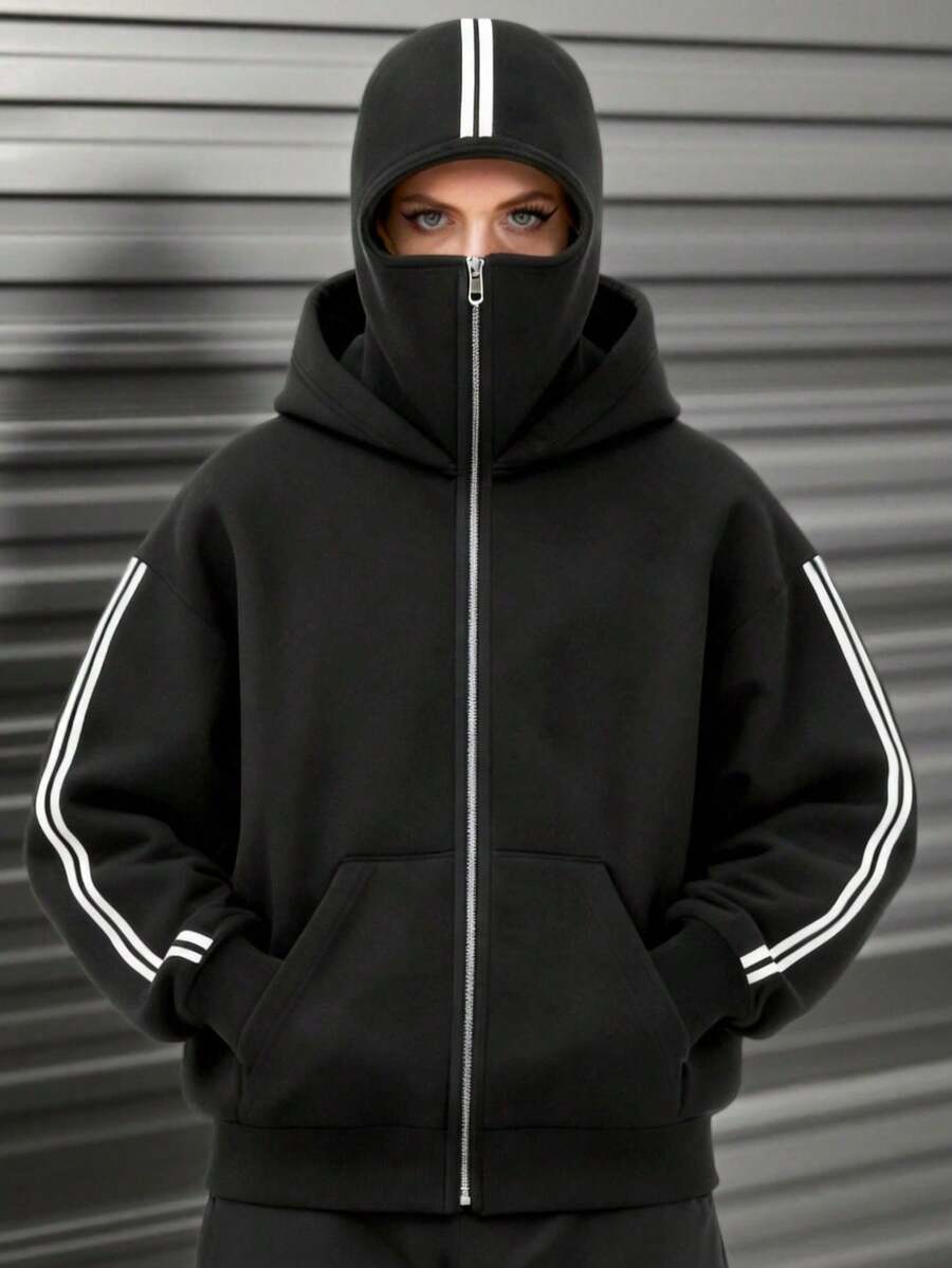 Oversized Long-Length Zip-Up Sweatshirt With Balaclava, Side Stripes, Face Covering, Fleece&Warth, Placket&Pocket, For Fall/Autumn&Winter&Spring, For Holiday/School/Office/Home/Daily/Street/Photoshoot/Airport/Travel, Simple/Y2K/Casual/Preppy/Street/Office