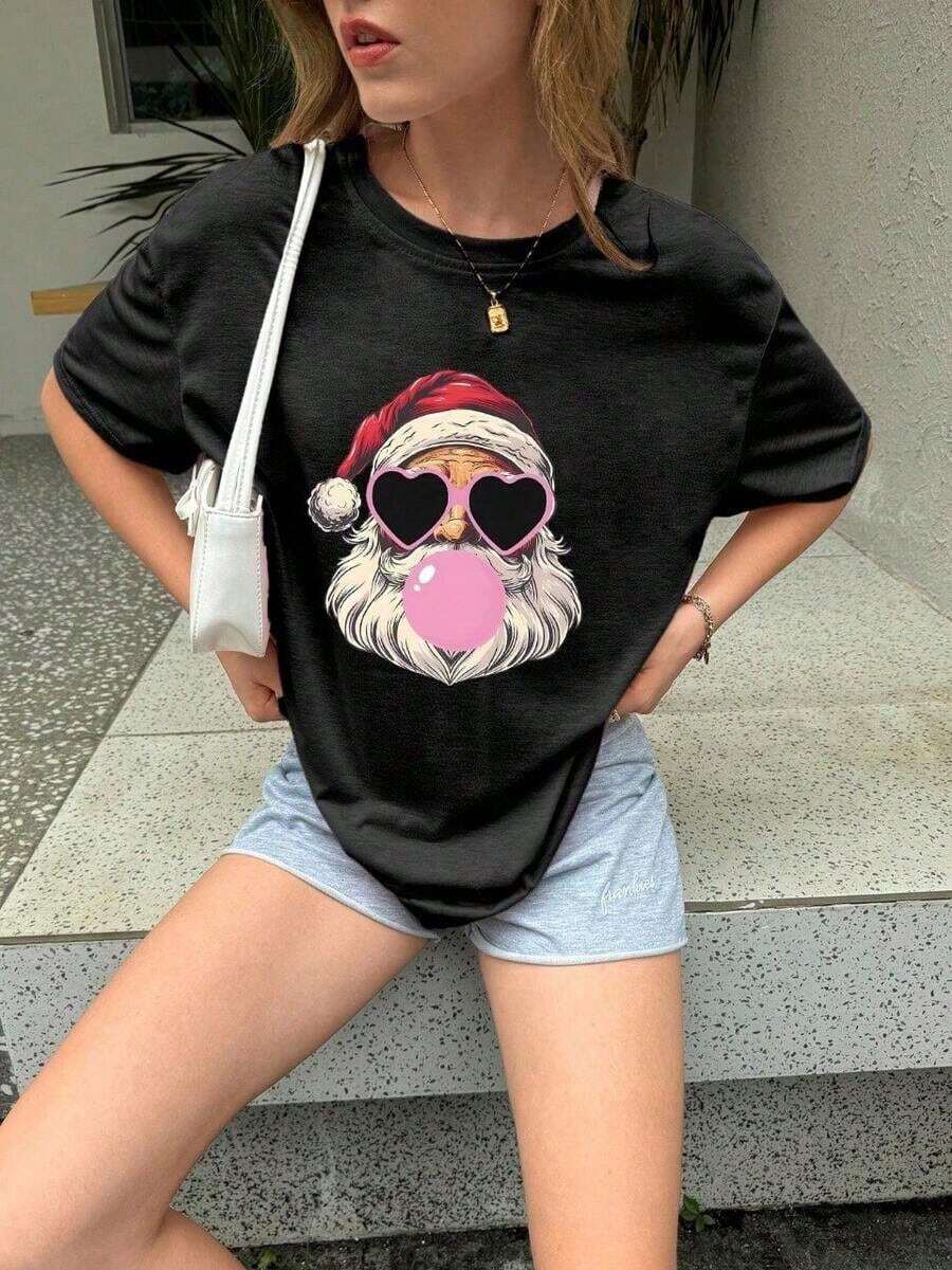 Short-Sleeved T-Shirt With Santa Claus Print - 黑色 - 查看 1