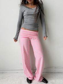 Women's Y2K Striped Wide-Leg Pants - Fold-Over Waist Casual Lounge Trousers - Retro Sweet Streetwear Pants - 粉色 - 查看 4