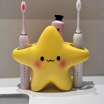 1 pieza Soporte para cepillo de dientes con forma de estrella de plástico lindo - Organizador de baño independiente con diseño de cara linda, ahorra espacio para cepillo de dientes y pasta de dientes