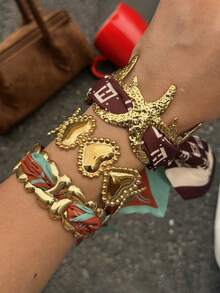1pc Fashionable Stainless Steel 18K Gold Starfish Shell Flower Design Bracelet, Suitable For Beach Vacation - Gold - View 3