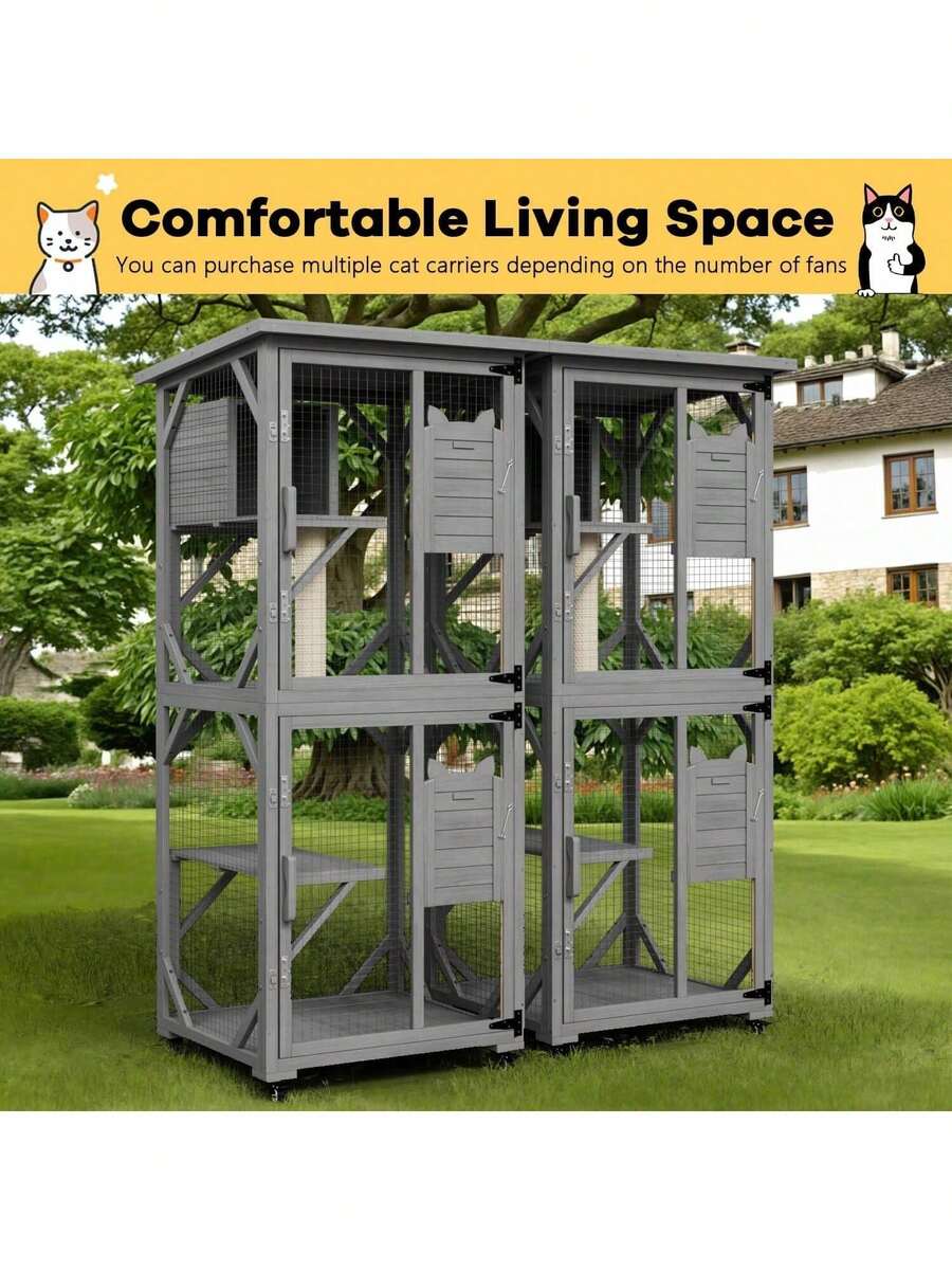 Mobile Weatherproof Catio – 70" Rolling Cat Condo With Elevated Perches, Loft Hideout, Scratching Post & Locking Wheels,Thanksgiving,Christmas Gift - 灰色 - 查看 1