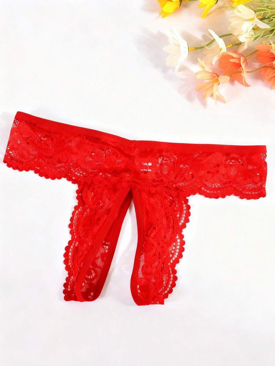 1 chiếc quần lót ren màu đỏ tía gợi cảm dành cho nữ, kiểu dáng hở đáy, thích hợp đi chơi. - Đỏ - Xem 1
