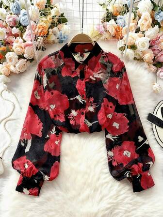 女士印花纽扣罗纹衬衫