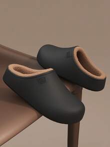 Men's PU Leather Flat Warm Slippers, Indoor/Outdoor EVA Plush Closed-Toe Slippers, Autumn/Winter