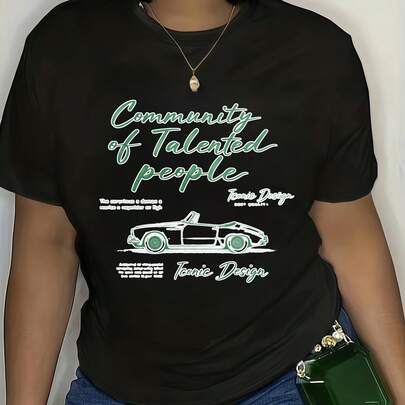 Camiseta de impresión de coche de la comunidad de personas talentosas, ropa casual de verano para mujeres, top de algodón, patrón geométrico, ajuste regular, lavable a máquina, comodidad para todas las estaciones, camisetas de Navidad