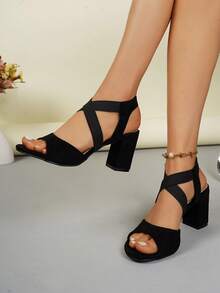Women's Solid Color High Heel Fashion Sandals, Comfortable Versatile Chunky Heel Buckle Party & Dance Shoes - Black - View 6