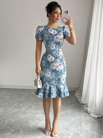 2025 Floral Print Elegant Woven Fabric Zipper Ruffle Hem Dress, Suitable For Beach, Evening Date, Holiday, School, Vacation, Spring/Summer