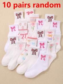 5/10 Pares de Meias Cano Médio com Laço e Flor para Crianças, Meias Curtas, Meias Infantis, Adequadas para Combinação/Vestimenta Diária de Meninas, Confortáveis, Macias, Respiráveis, Presentes Essenciais para Meninas (1-16 Anos) - Multicolorido - Visão 8