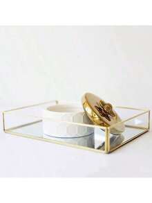 1pc Rectangular Glass Tray, Cosmetic & Jewelry Display Plate, Gold