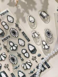 1pc Warm Whrite Gemstone Metallic Nail Art Sticker, 3D Embossed Vintage Palace Style Jewel Metal Texture Nail Decals, Self-Adhesive Reusable Nail Stickers For DIY Autumn/Winter Nail Art, Elegant Luxury Nail Jewelry, Refined Accessory Gift