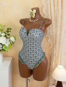 女士性感连体泳衣，随机印花深V领设计，夏季