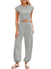 Fisoew Women Two Piece Thin Breathable Outfit Summer 2024 Y2K Loungewear Set Crop Top And Joggers Lightweight Tracksuit With Pockets Casual Streetwear - 淺灰色 - 查看 5