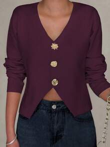 女士新款复古纯色V领不对称金属纽扣长袖上衣，优雅时尚开衩下摆毛衣，适合日常通勤，秋冬季 - 紫紅 - 查看 2