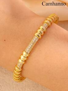Camhanno 1pc Golden Jewelry Set Striking Copper Bracelet For Party: The Bead-Segment And Inlaid Design Is Full Of Charm In Social Occasions, Showing A Unique And Luxurious Style That Catches Everyone's Eyes Instantly. - Multicolor - View 8