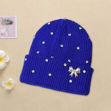 Women Knitted Hat, Bow Pearls Shiny Rhinestones Soft Crochet Hat Warm Winter Cap For Indoor Outdoor - Xanh đậm - Xem 1