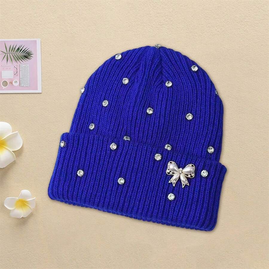 Women Knitted Hat, Bow Pearls Shiny Rhinestones Soft Crochet Hat Warm Winter Cap For Indoor Outdoor - Xanh đậm - Xem 1