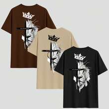 Kit Of 3 Men's T-Shirts, 100% Cotton Lion Shirt, Streetwear Blouse, Various Colors, Cool Religious Print - 黑色/米色/棕色 - 查看 1