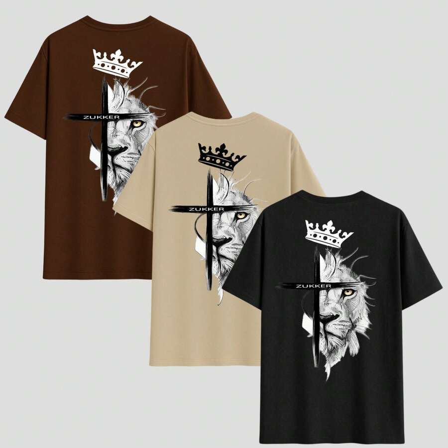 Kit Of 3 Men's T-Shirts, 100% Cotton Lion Shirt, Streetwear Blouse, Various Colors, Cool Religious Print - 黑色/米色/棕色 - 查看 1