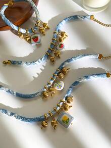 1pc Fashionable Stainless Steel Heart & Strawberry Flower Ceramic Striped Beaded 18K Gold Waterproof Layerable Bracelet For Women - Bracelet - View 6