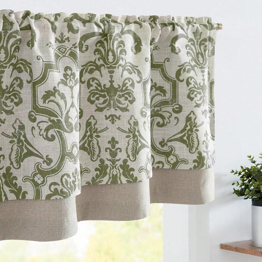 Linen Valance Kitchen Curtain Double Layer 16 Inch Living Room Bedroom Bathroom Window Treatment Blackout Vintage Rustic Farmhouse Cottagecore Rod Pocket 1 Panel On Beige - 巴洛克 | 鼠尾草綠 - 查看 1
