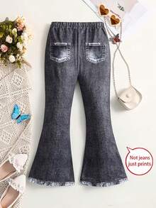 [Quần giả denim thời trang] Quần ống loe giả denim thời trang | Họa tiết bướm và hoa in toàn thân cho bé gái | Mùa xuân hè cho trẻ em và bé gái | Mặc hàng ngày và các hoạt động ngoài trời thường ngày. Lưu ý: Không phải vải denim, mà là họa tiết giả denim. - màu đen - Xem 2