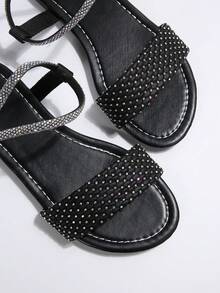 Versatile Minimalist Flat Open Toe Sandals With Delicate Rhinestone Design, Vintage Style Suitable For Dates, Commuting, Travel - Black - View 6
