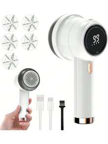 EstiloQuita Pelusa para Ropa Recargable, Removedor De Pelusa Electrico, Quitapelusas Electrico, Limpiador de Pelusa de suéter con 5 Cuchillas de Repuesto, Cepillo, Cable de Carga (Blanco)Versión mejorada - 1 - Ver 1