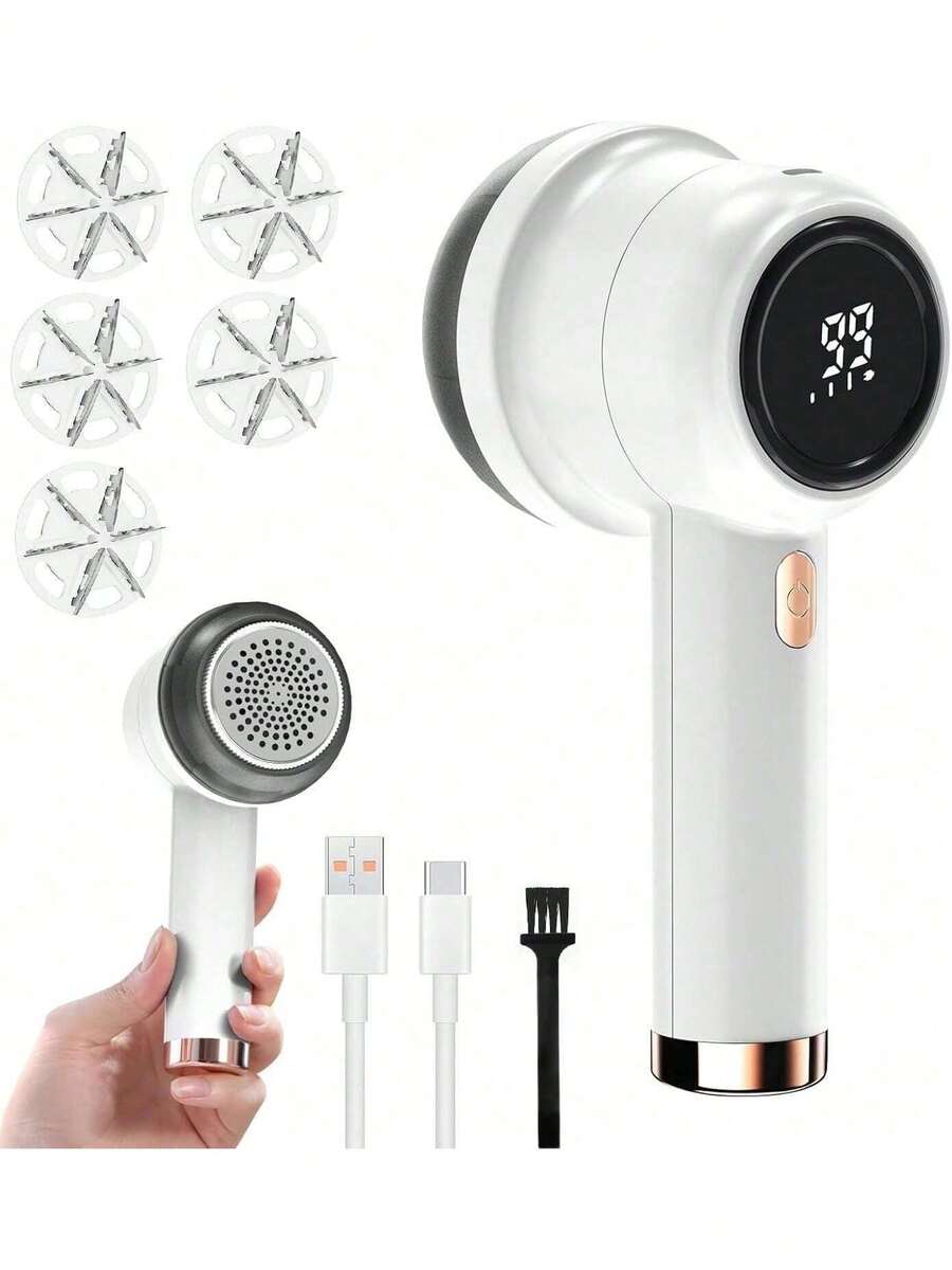 EstiloQuita Pelusa para Ropa Recargable, Removedor De Pelusa Electrico, Quitapelusas Electrico, Limpiador de Pelusa de suéter con 5 Cuchillas de Repuesto, Cepillo, Cable de Carga (Blanco)Versión mejorada - 1 - Ver 1
