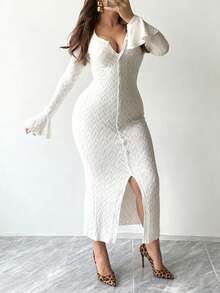 Plus Size Women's Fashion Jacquard Plaid Maxi Dress, Fitted Silhouette, Front Slit Button, Long Sleeve, Elegant Suitable For Spring, Autumn & Winter - White - View 3
