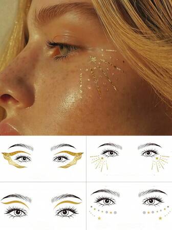 4 Sheets Gold Eye Tattoos Temporary Eye Makeup Stickers Eyeliner Tattoo Cute Glitter Eyeshadow Stickers Waterproof Eye Glitter Makeup For Birthday Party Prom Music Festival Decoration